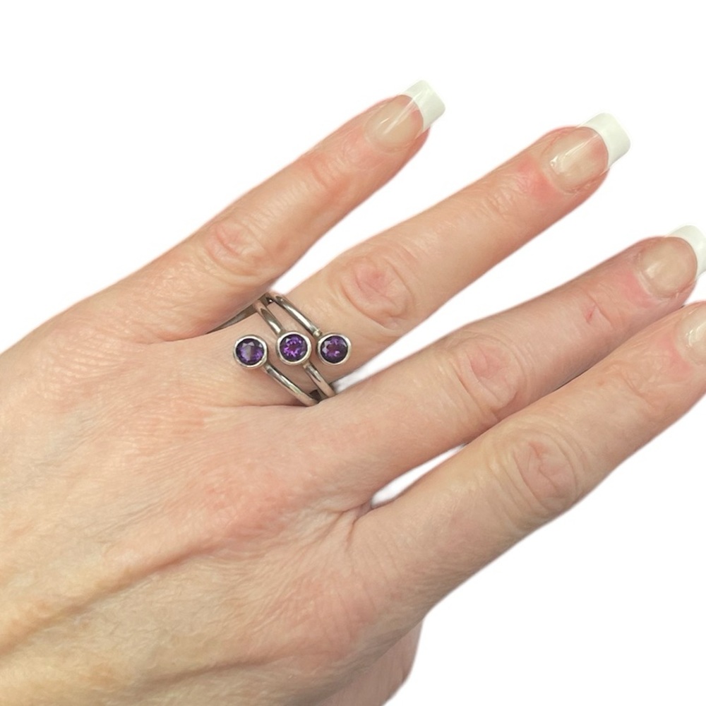 Signed 925 Three Bezel Amethyst Wrap Ring